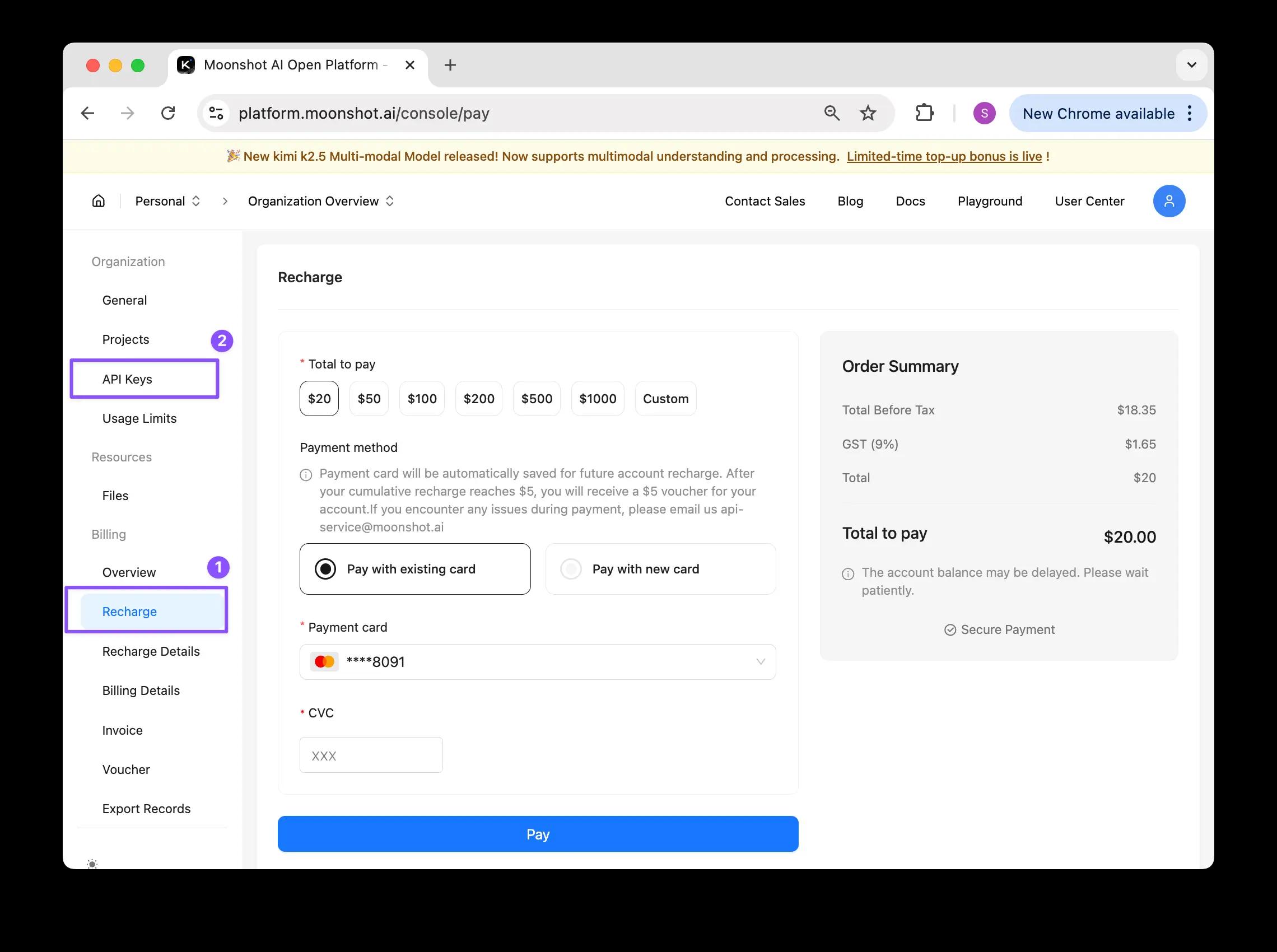 Create a Kimi (Moonshot AI) API key